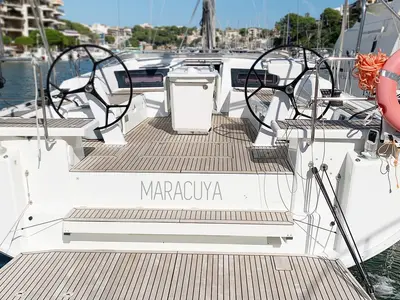 Deck of Maracuya, a Beneteau Oceanis 46.1 sailboat at Cala Egos, Spain