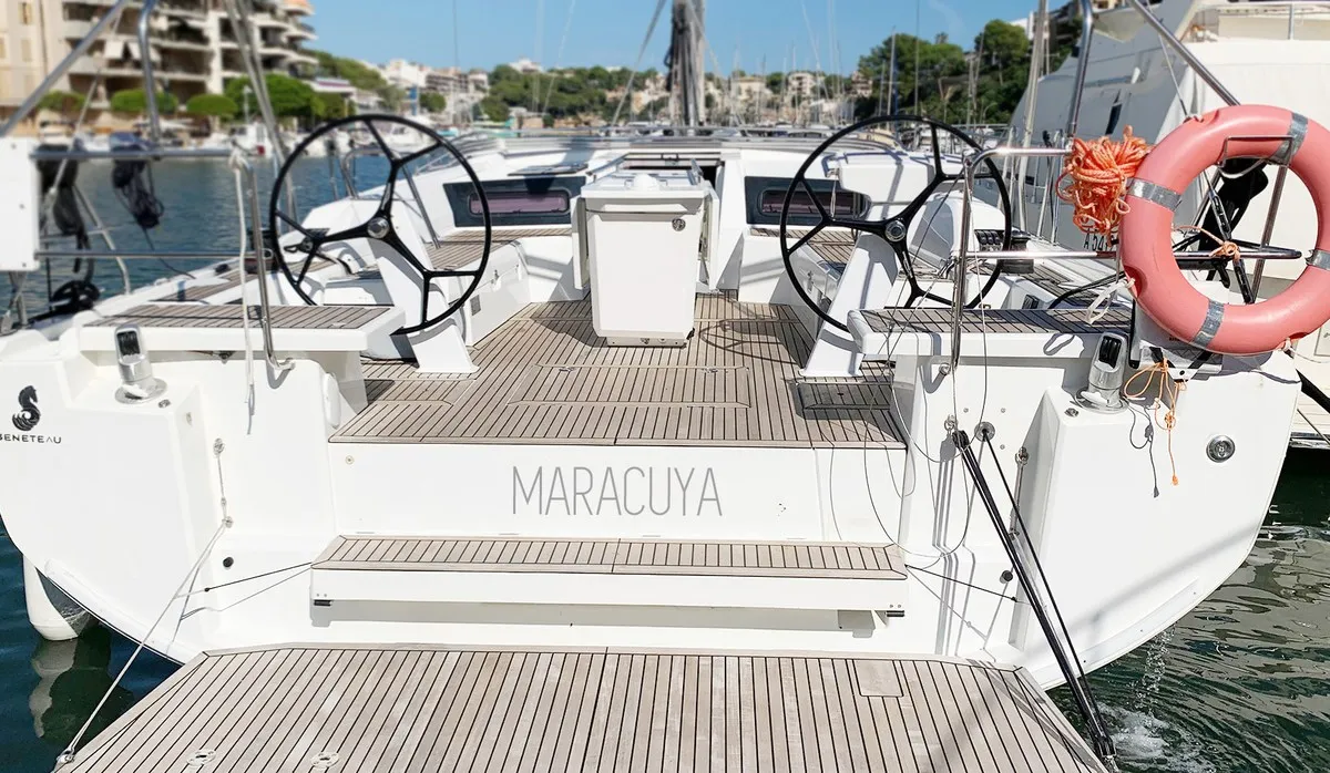 Deck of Maracuya, a Beneteau Oceanis 46.1 sailboat at Cala Egos, Spain