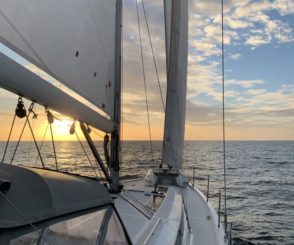 Exterior view of Maracuya, a Beneteau Oceanis 46.1 sailboat at Cala Egos, Spain