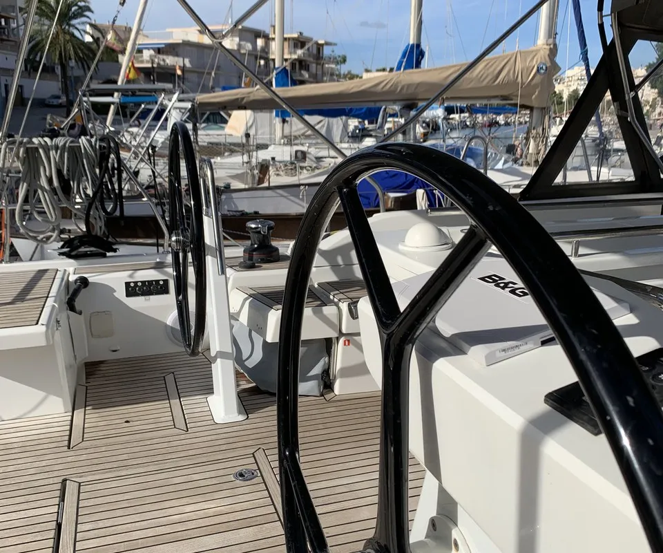 Cockpit of Maracuya, a Beneteau Oceanis 46.1 sailboat at Cala Egos, Spain