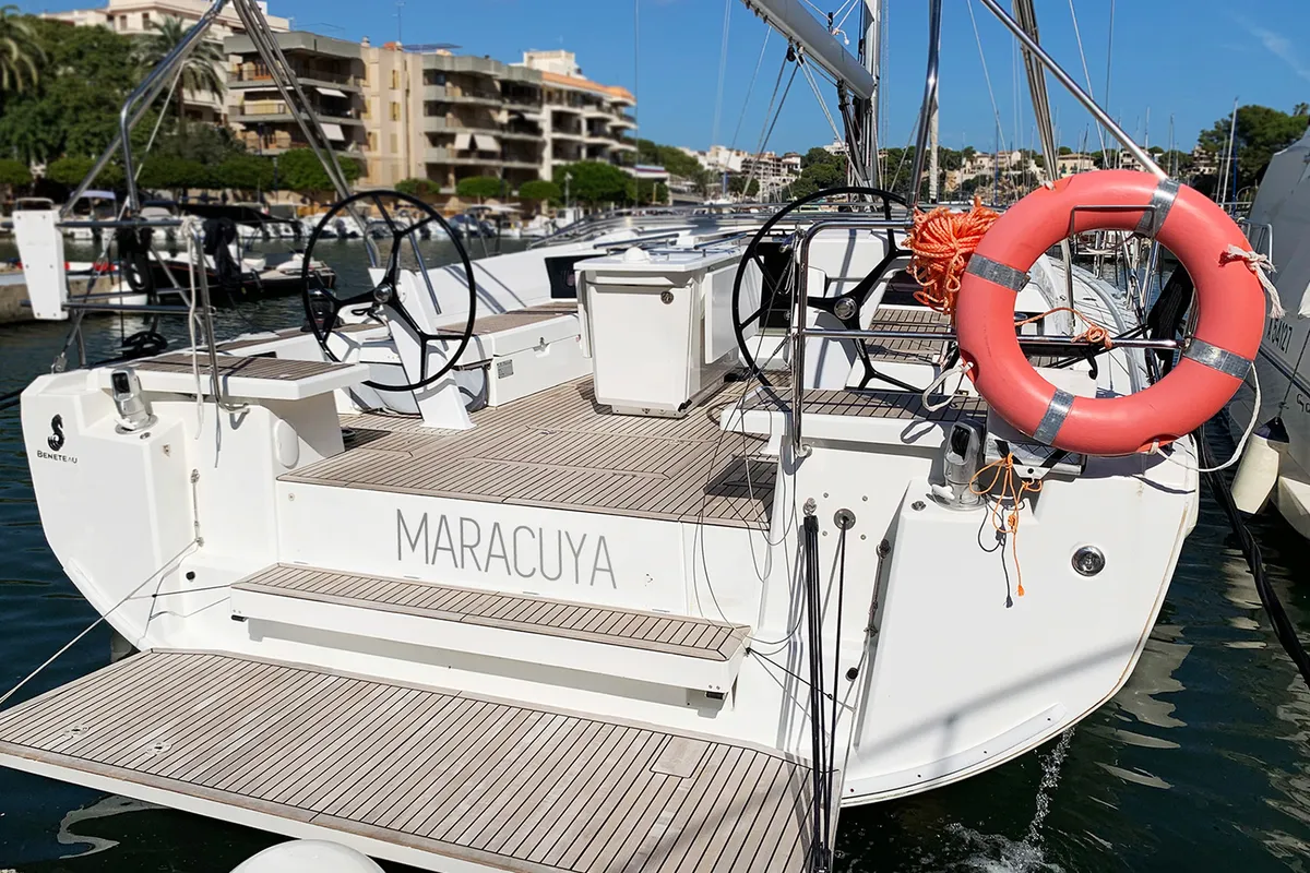 Deck of Maracuya, a Beneteau Oceanis 46.1 sailboat at Cala Egos, Spain