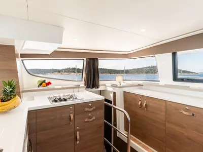 Deck of Optimus, a Bali 4.6 catamaran at Šibenik, Croatia
