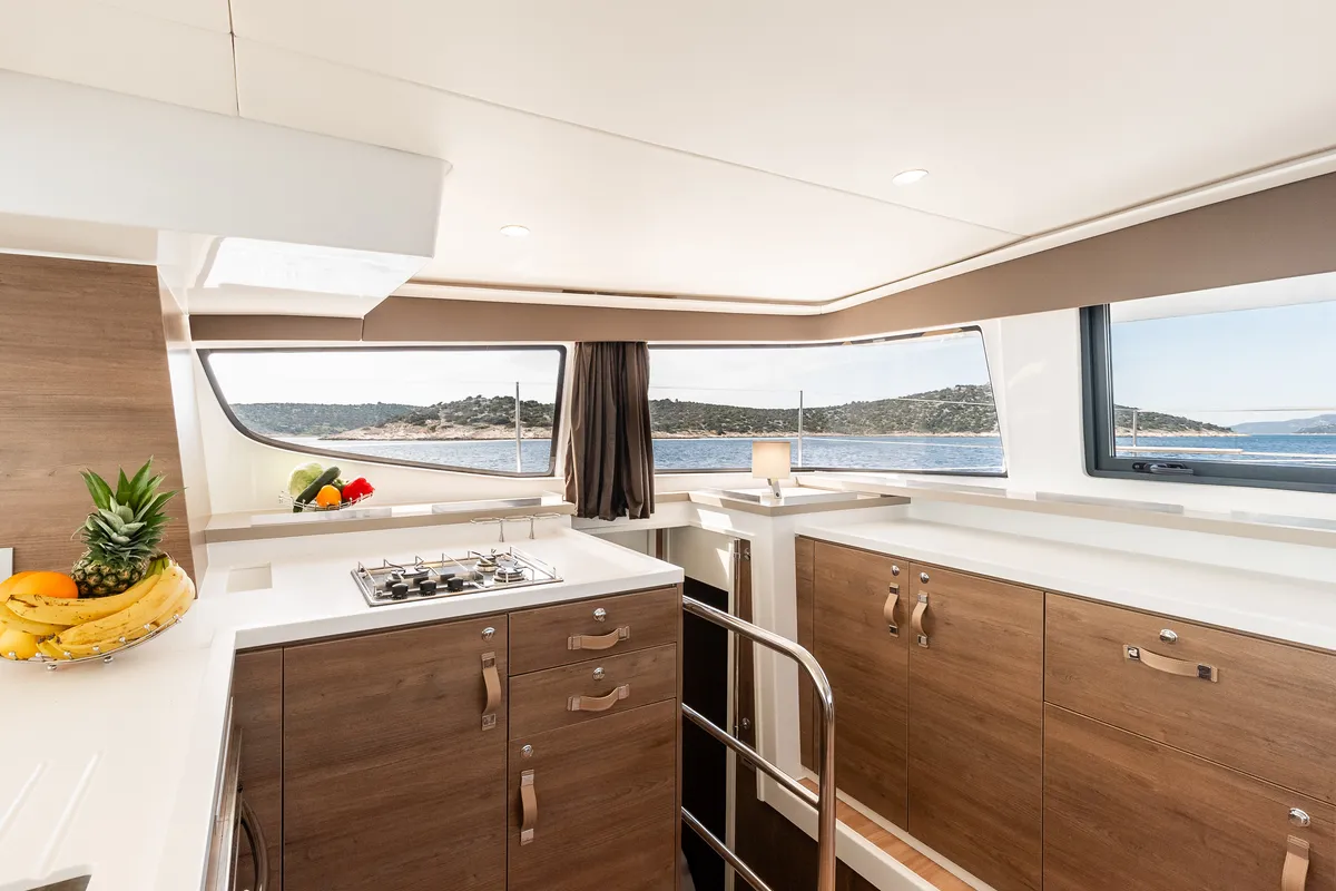Deck of Optimus, a Bali 4.6 catamaran at Šibenik, Croatia