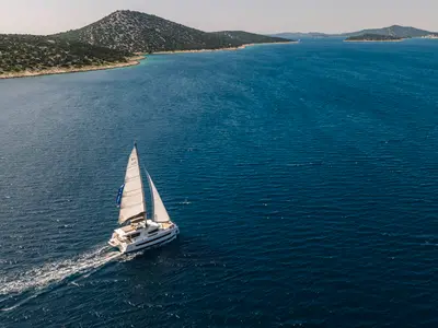 Salon of Optimus, a Bali 4.6 catamaran at Šibenik, Croatia