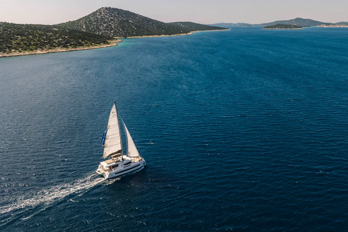 Salon of Optimus, a Bali 4.6 catamaran at Šibenik, Croatia