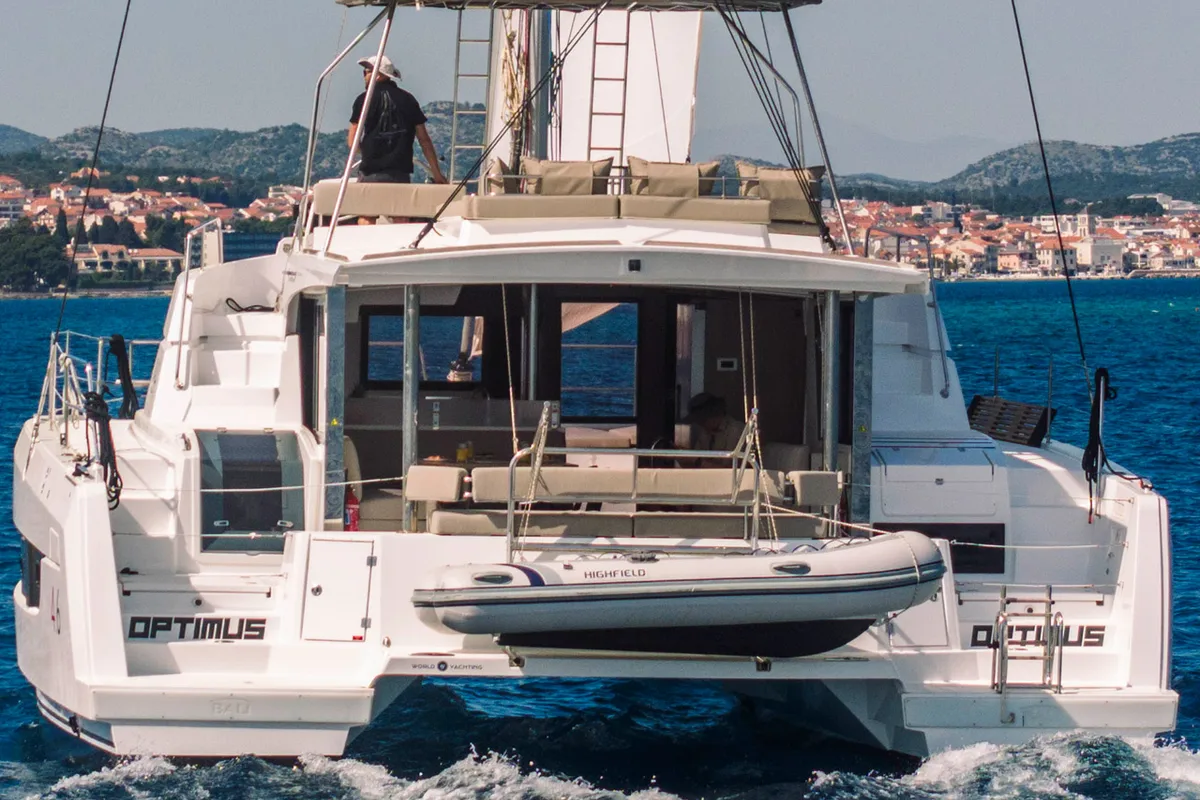 Exterior view of Optimus, a Bali 4.6 catamaran at Šibenik, Croatia