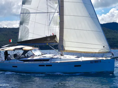 Exterior view of Azzurra, a Jeanneau Sun Odyssey 479 sailboat at Puntone di Scarlino, Italy