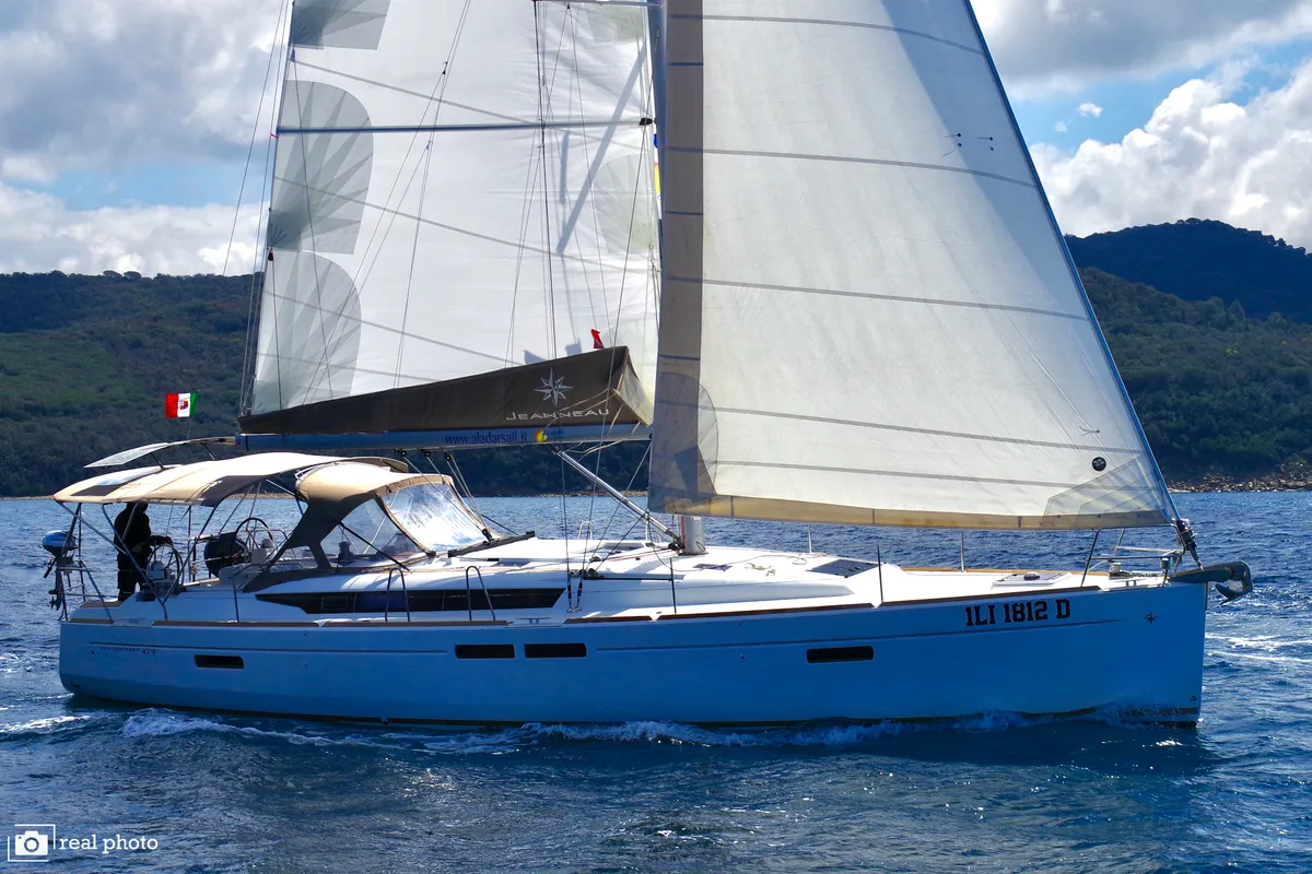 Exterior view of Azzurra, a Jeanneau Sun Odyssey 479 sailboat at Puntone di Scarlino, Italy