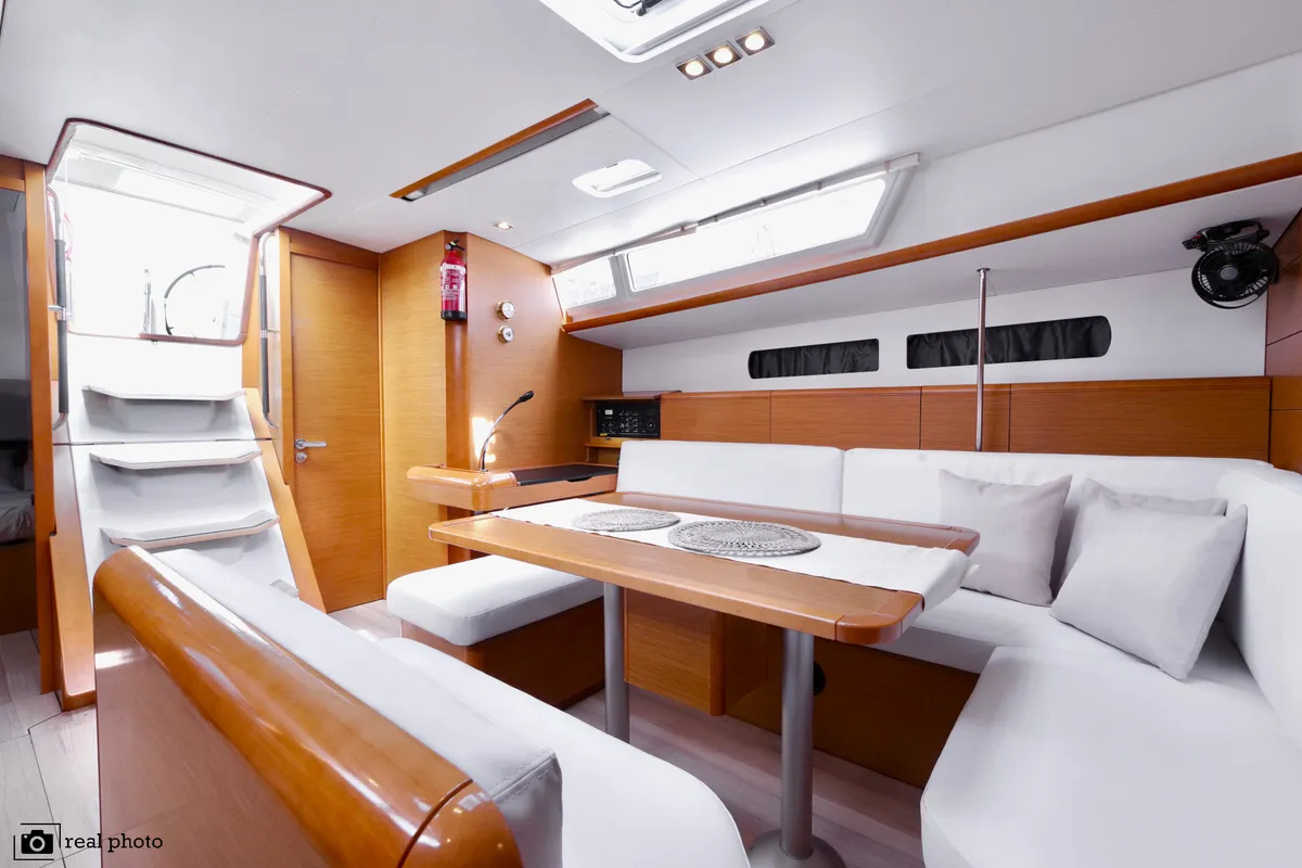 Salon of Azzurra, a Jeanneau Sun Odyssey 479 sailboat at Puntone di Scarlino, Italy