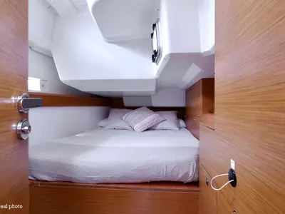 Cabin on Azzurra, a Jeanneau Sun Odyssey 479 sailboat at Puntone di Scarlino, Italy