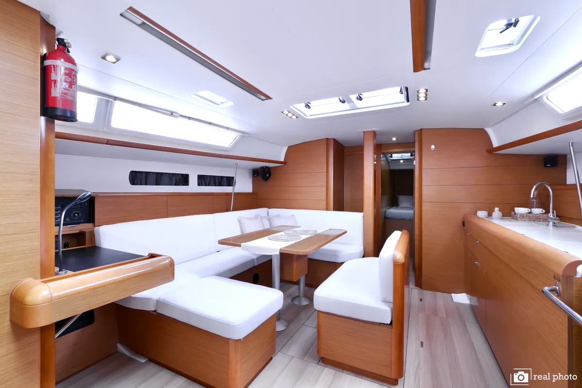 Salon of Azzurra, a Jeanneau Sun Odyssey 479 sailboat at Puntone di Scarlino, Italy