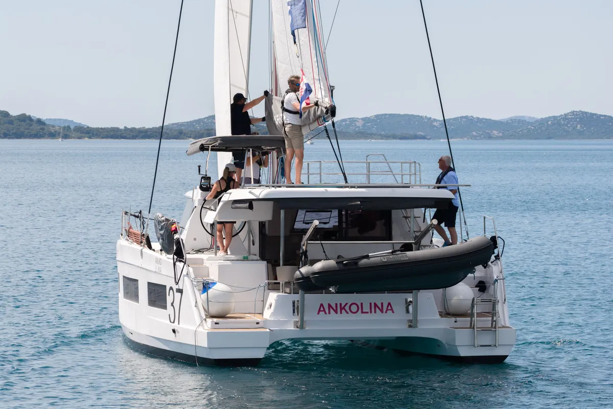 Exterior view of Ankolina, a Aventura 37 catamaran at Pirovac, Croatia