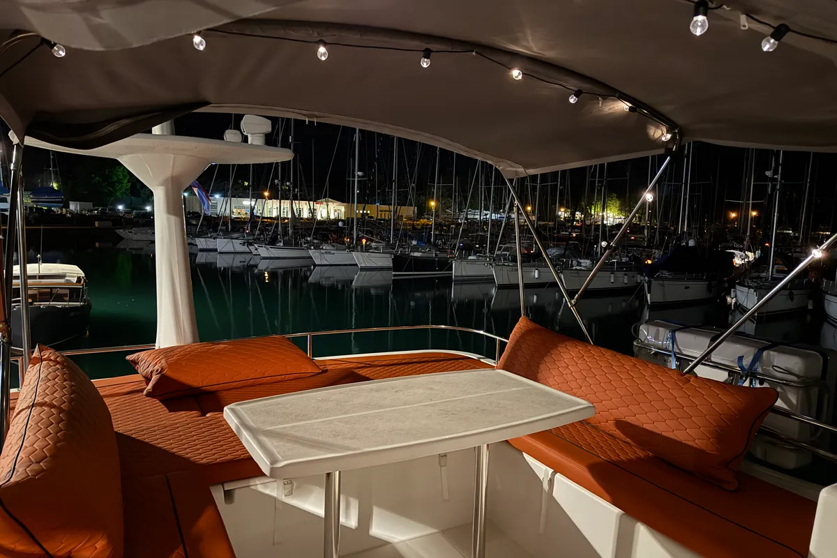 Exterior view of Monteki, a Lagoon Power 44 catamaran at Općina Funtana, Croatia