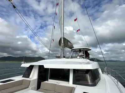 Deck of Belle Isle, a Bali 4.4 catamaran at Mai Khao, Thailand