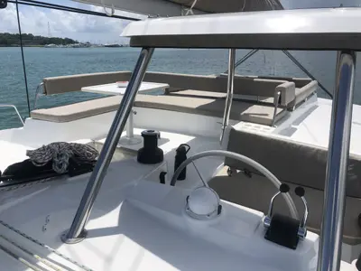 Cockpit of Belle Isle, a Bali 4.4 catamaran at Mai Khao, Thailand