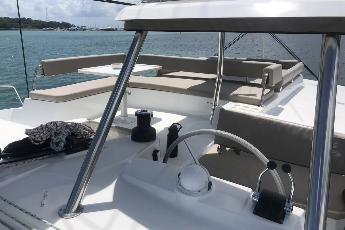 Cockpit of Belle Isle, a Bali 4.4 catamaran at Mai Khao, Thailand