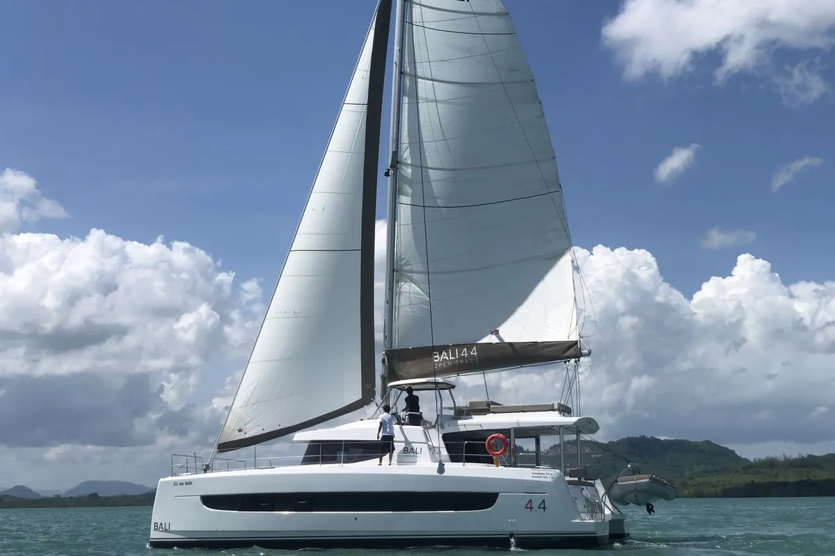 Exterior view of Belle Isle, a Bali 4.4 catamaran at Mai Khao, Thailand
