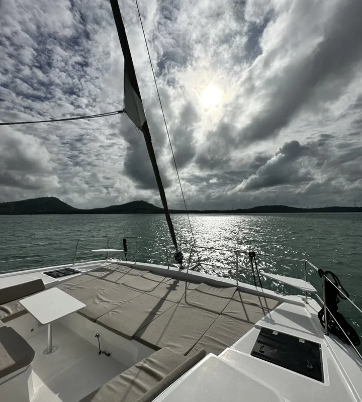 Deck of Belle Isle, a Bali 4.4 catamaran at Mai Khao, Thailand