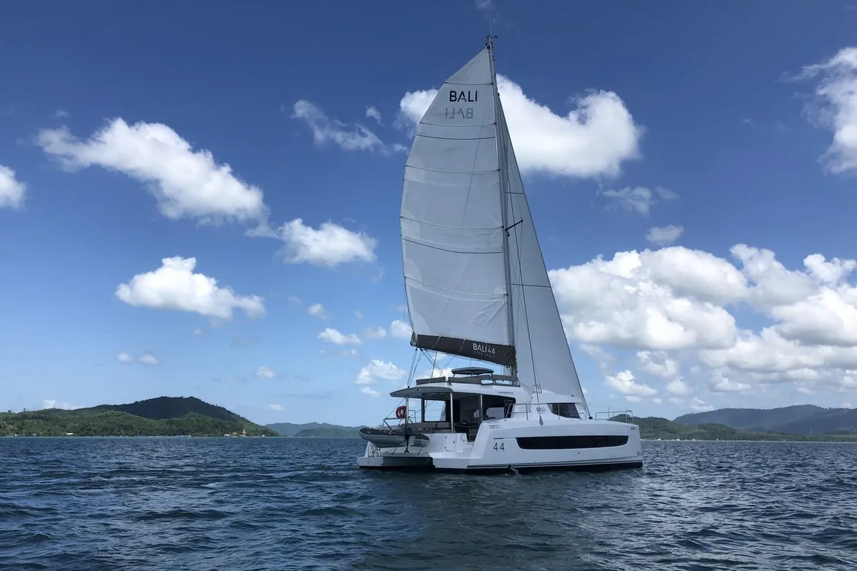 Exterior view of Belle Isle, a Bali 4.4 catamaran at Mai Khao, Thailand