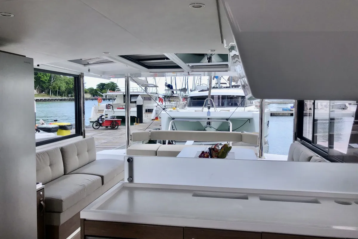 Salon of Belle Isle, a Bali 4.4 catamaran at Mai Khao, Thailand