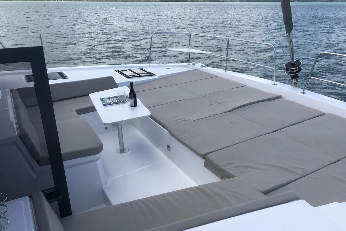 Deck of Belle Isle, a Bali 4.4 catamaran at Mai Khao, Thailand