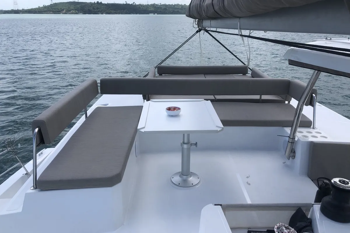 Deck of Belle Isle, a Bali 4.4 catamaran at Mai Khao, Thailand