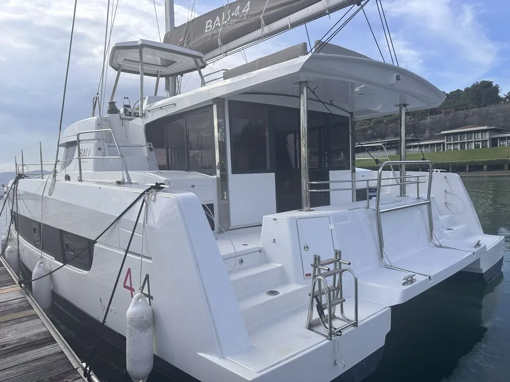 Exterior view of Belle Isle, a Bali 4.4 catamaran at Mai Khao, Thailand