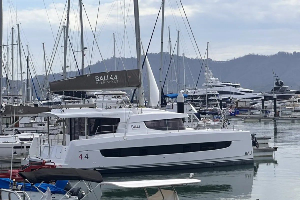 Exterior view of Belle Isle, a Bali 4.4 catamaran at Mai Khao, Thailand