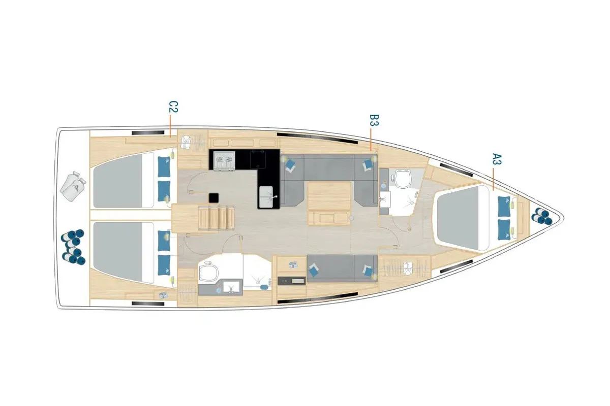 Floor plan of Al Dente, a Hanse 410 sailboat at Municipal Unit of Lefkada, Greece