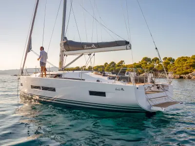 Exterior view of Al Dente, a Hanse 410 sailboat at Municipal Unit of Lefkada, Greece