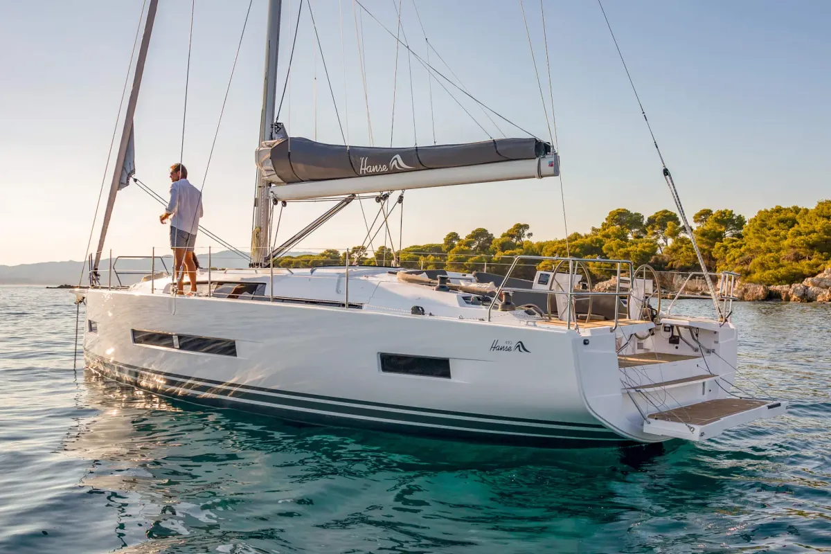 Exterior view of Al Dente, a Hanse 410 sailboat at Municipal Unit of Lefkada, Greece