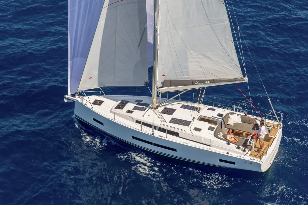 Exterior view of Al Dente, a Hanse 410 sailboat at Municipal Unit of Lefkada, Greece