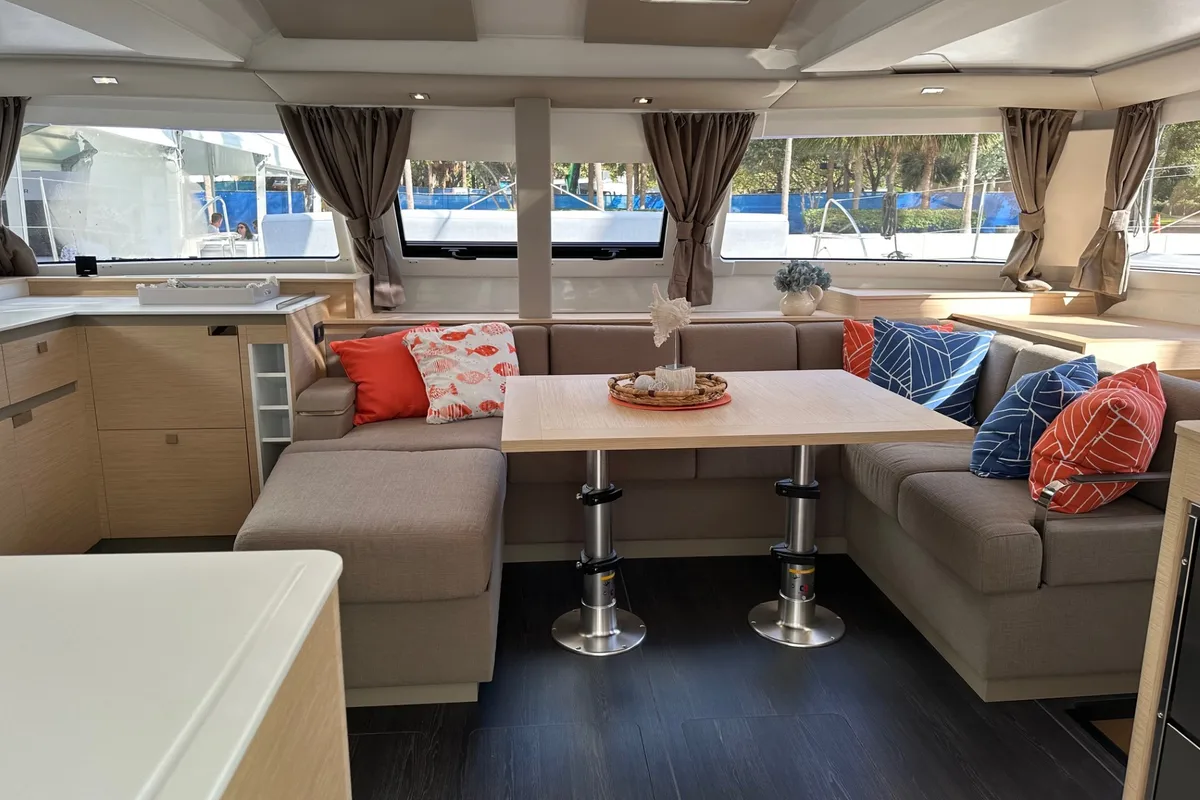 Salon of Aboat Time, a Fountaine Pajot Elba 45 catamaran at Road Town, British Virgin Islands