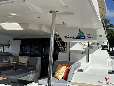Deck of Aboat Time, a Fountaine Pajot Elba 45 catamaran at Road Town, British Virgin Islands