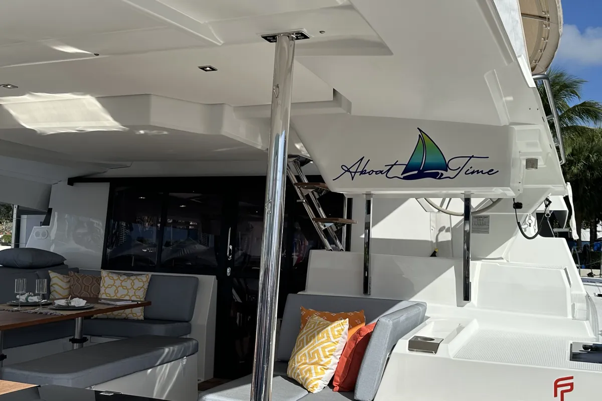 Deck of Aboat Time, a Fountaine Pajot Elba 45 catamaran at Road Town, British Virgin Islands