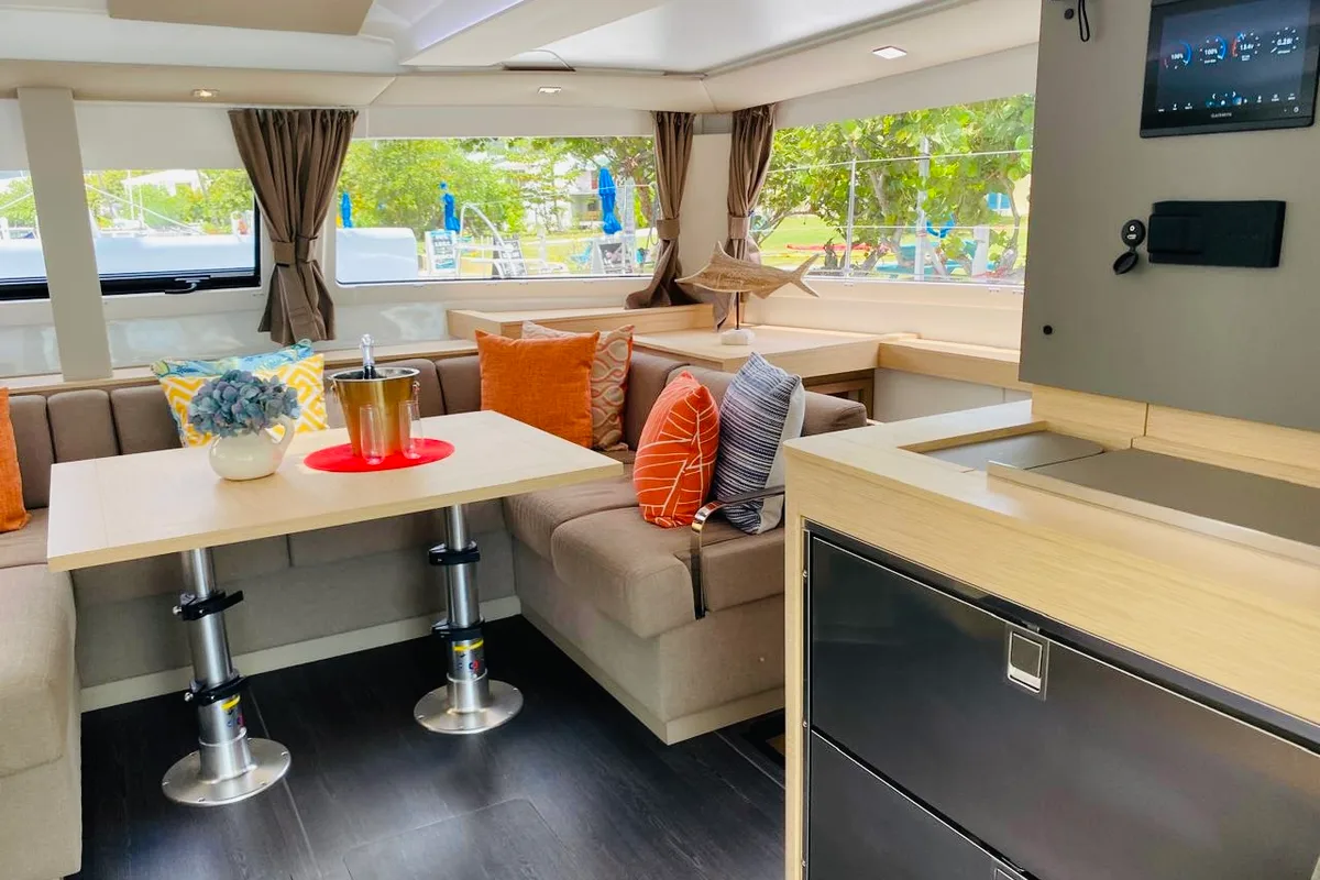 Salon of Aboat Time, a Fountaine Pajot Elba 45 catamaran at Road Town, British Virgin Islands