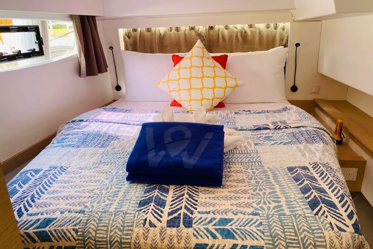 Cabin on Aboat Time, a Fountaine Pajot Elba 45 catamaran at Road Town, British Virgin Islands