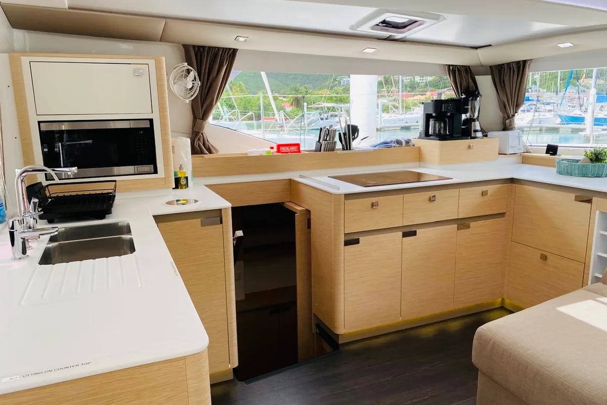 Galley of Aboat Time, a Fountaine Pajot Elba 45 catamaran at Road Town, British Virgin Islands