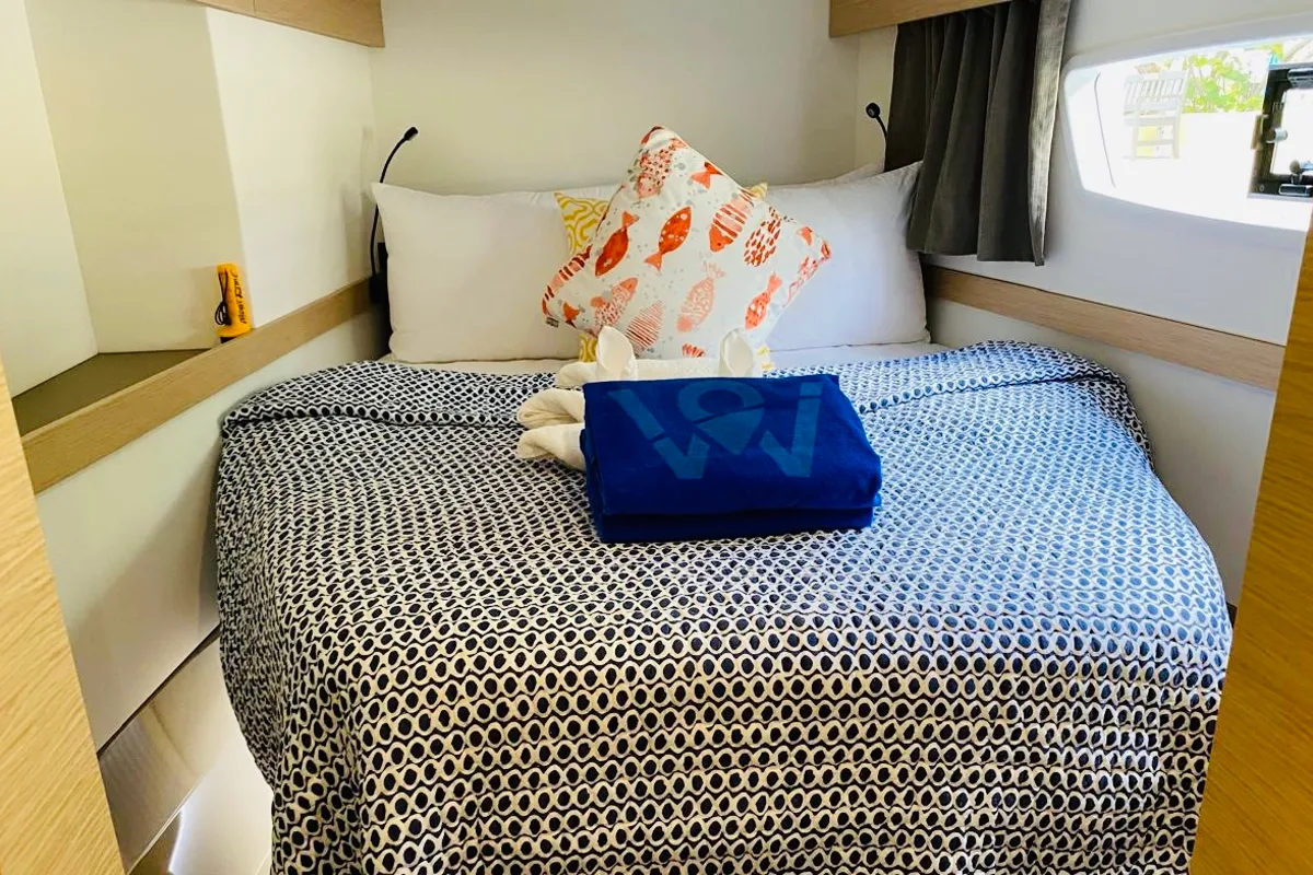 Cabin on Aboat Time, a Fountaine Pajot Elba 45 catamaran at Road Town, British Virgin Islands