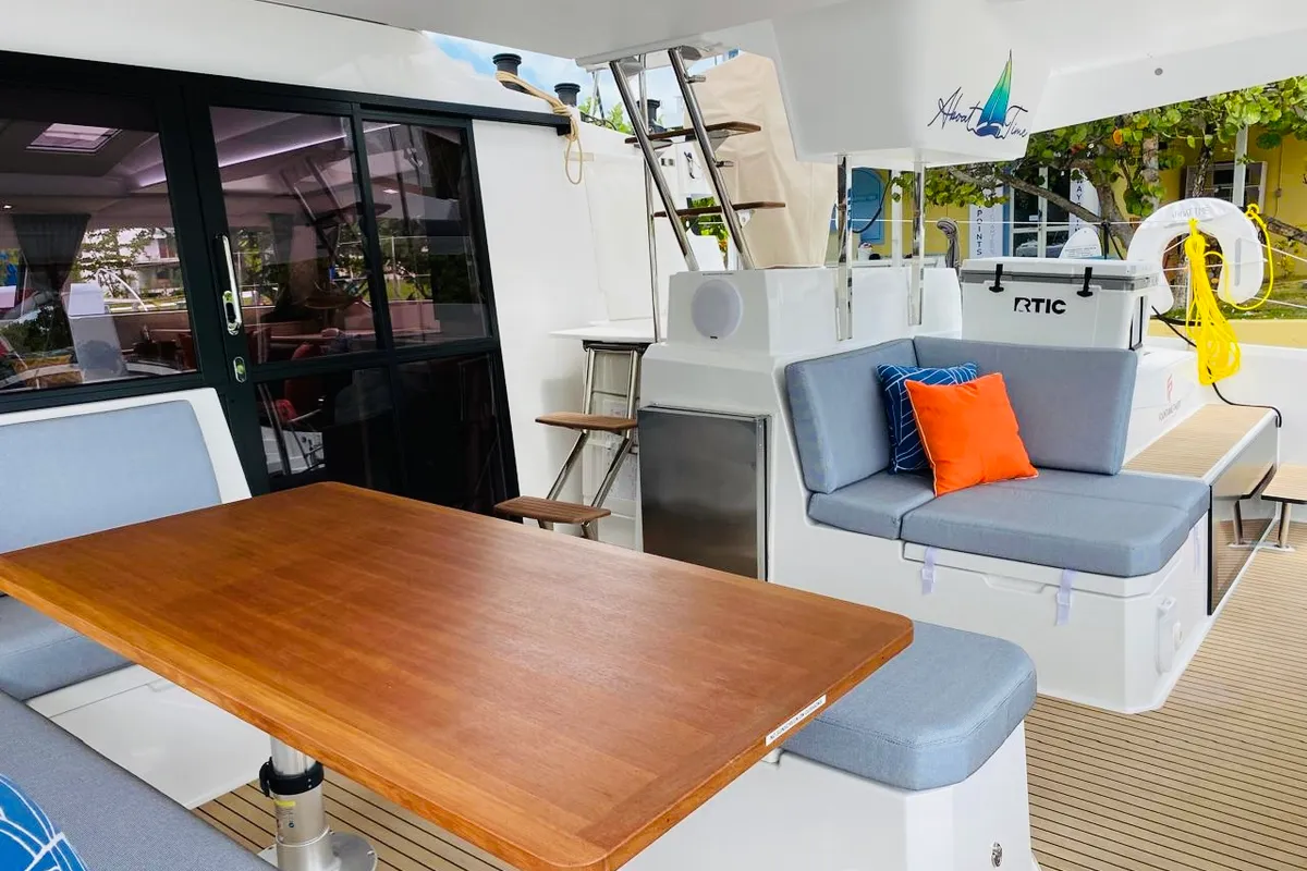 Deck of Aboat Time, a Fountaine Pajot Elba 45 catamaran at Road Town, British Virgin Islands