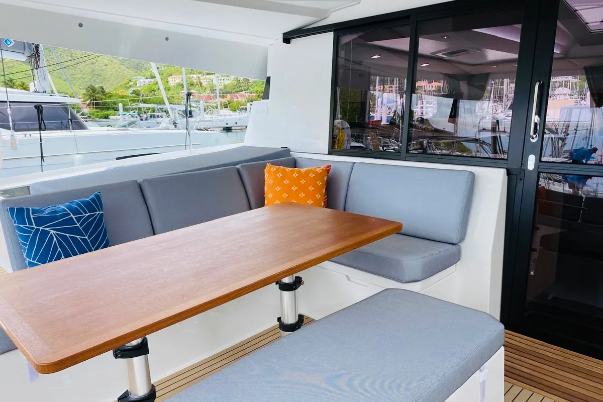 Deck of Aboat Time, a Fountaine Pajot Elba 45 catamaran at Road Town, British Virgin Islands