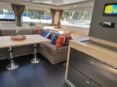 Salon of Aboat Time, a Fountaine Pajot Elba 45 catamaran at Road Town, British Virgin Islands