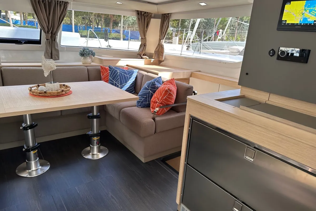 Salon of Aboat Time, a Fountaine Pajot Elba 45 catamaran at Road Town, British Virgin Islands