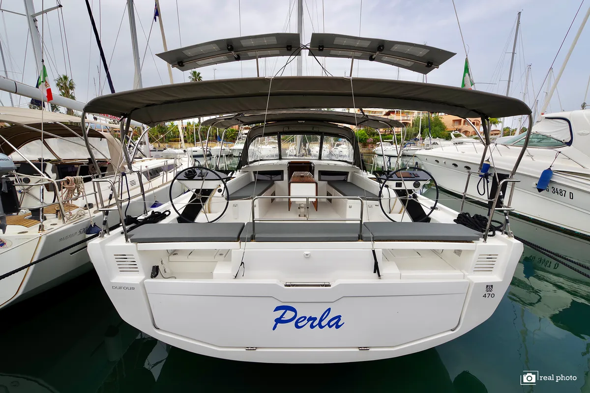 Cockpit of Perla, a Dufour 470 sailboat at Tonnarella, Italy