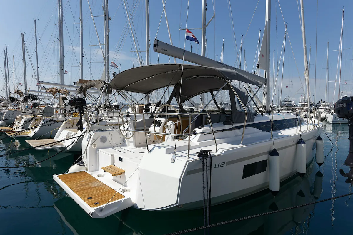 Cockpit of Srna, a Bavaria C42 sailboat at Grad Kaštela, Croatia