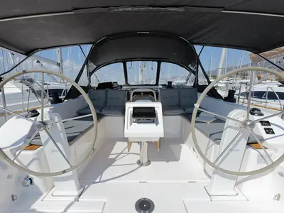 Cockpit of Srna, a Bavaria C42 sailboat at Grad Kaštela, Croatia