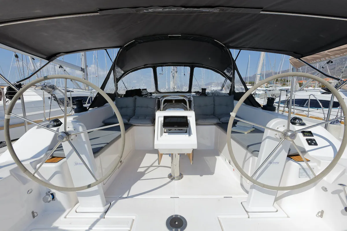 Cockpit of Srna, a Bavaria C42 sailboat at Grad Kaštela, Croatia