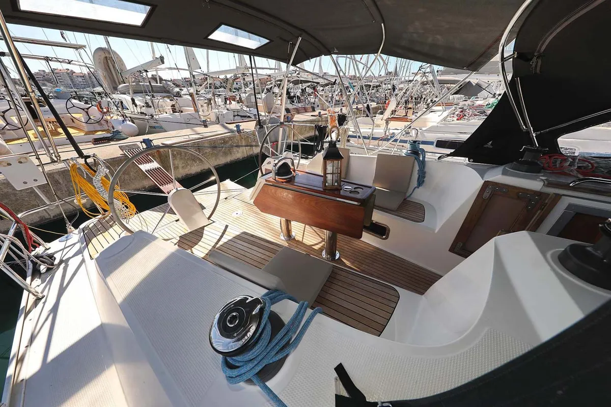 Cockpit of Kirka, a Bavaria Cruiser 41 sailboat at Grad Biograd na Moru, Croatia