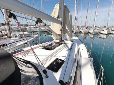 Deck of Kirka, a Bavaria Cruiser 41 sailboat at Grad Biograd na Moru, Croatia