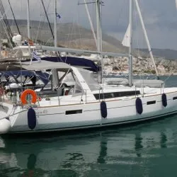 Exterior view of Allegria, a Beneteau Oceanis 45 sailboat at Lefkada, Greece